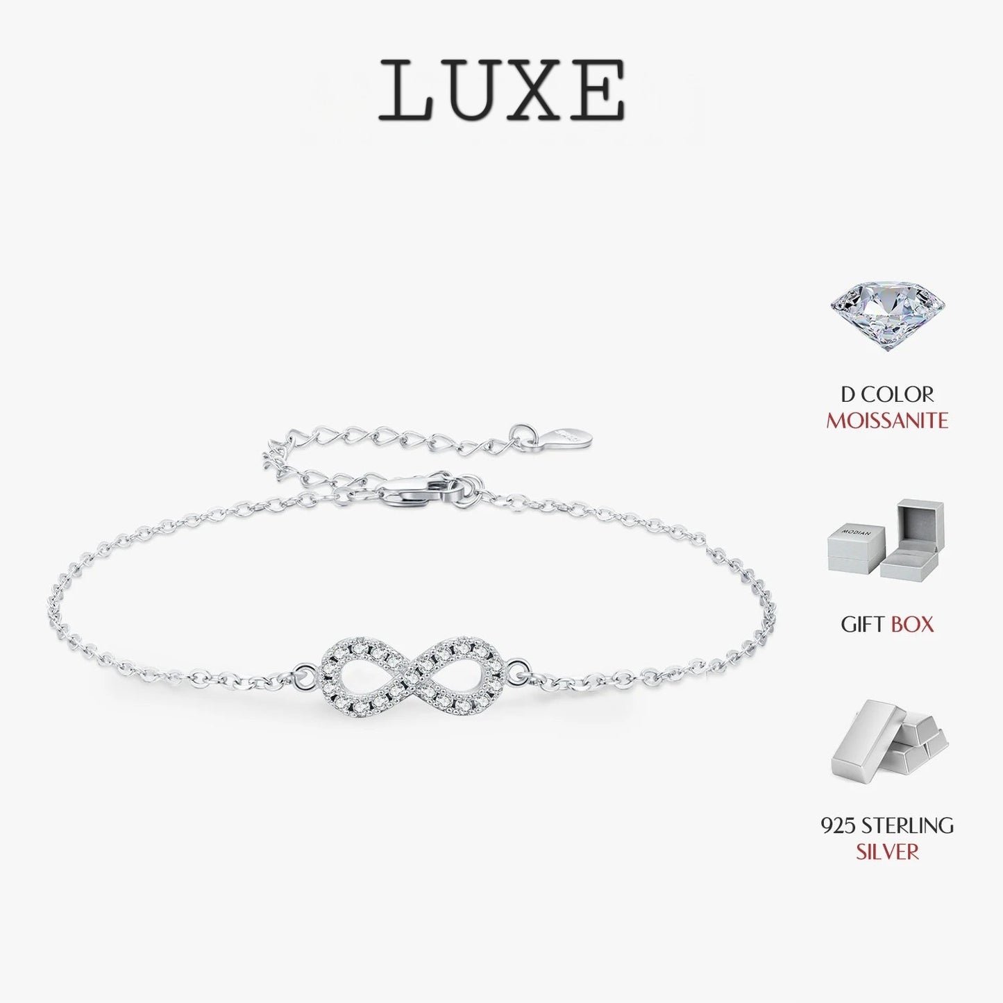 LUXE D Color Moissanite Lab Created Diamond Bracelet 925 Sterling Silver Romantic Exquisite Infinity Love For Women Jewelry