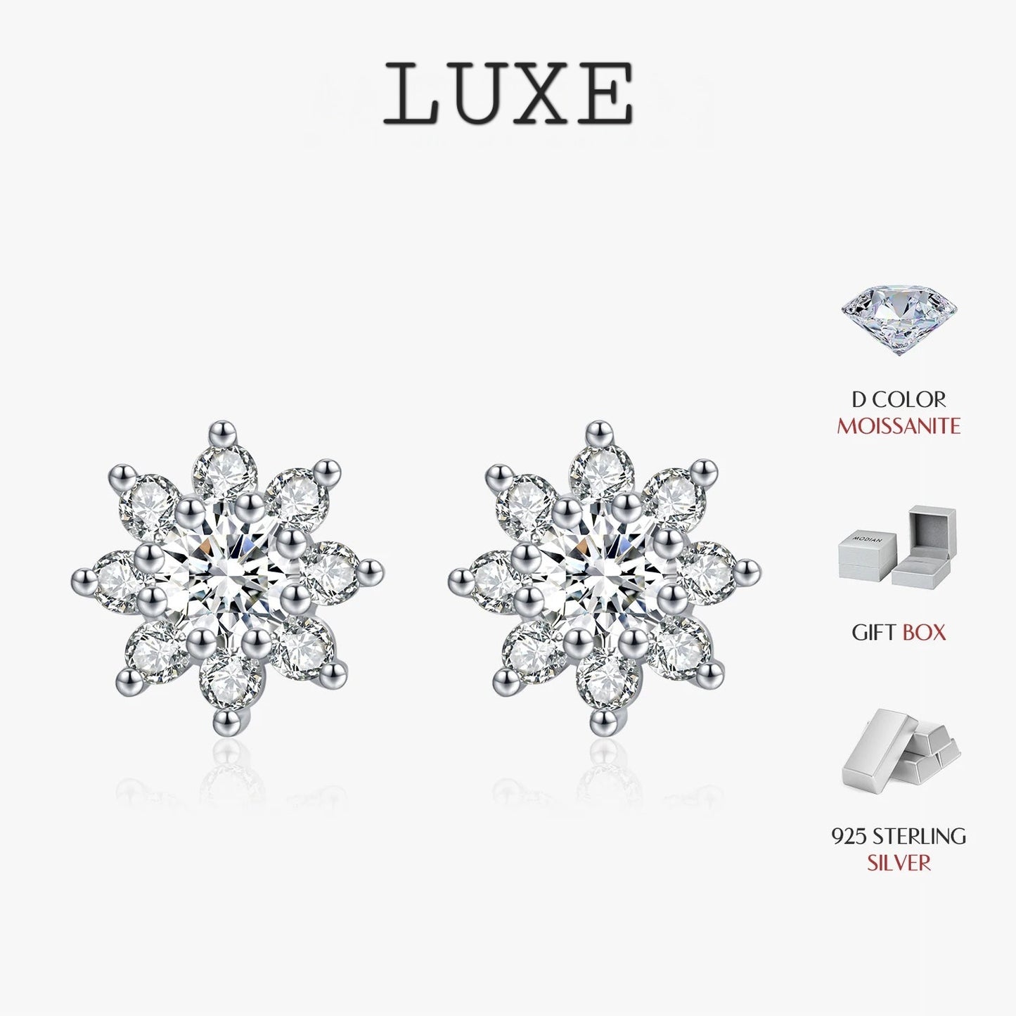 LUXE Sparkling VVS1 D Color Moissanite Stud Earrings 925 Sterling Silver Classic Flowers Earrings For Women Fine Jewelry Gift