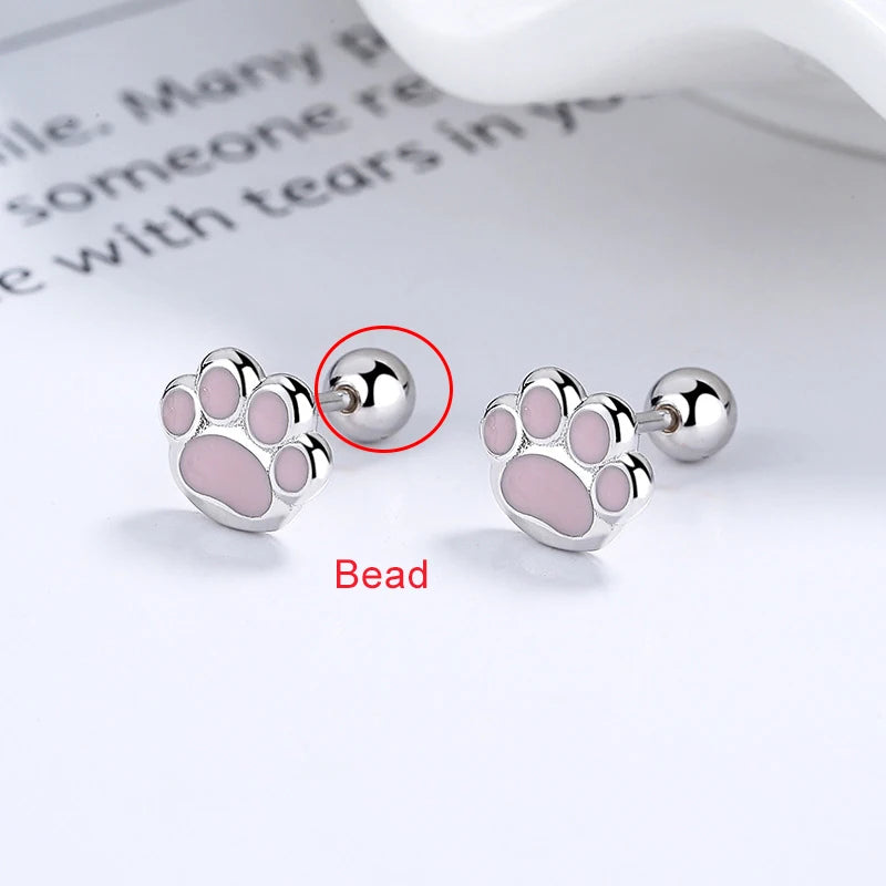 LUXE Real 925 Sterling Silver Pink Cat's Paw Piercing Screw Thread Bead Stud Earrings for Women Cute Animal Fine Jewelry