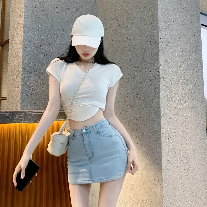 Luxe Collection White Denim Women's Mini Dress High-Waisted Slimming Design Sensible Niche Package Belly Half Skirt Summer Fashion