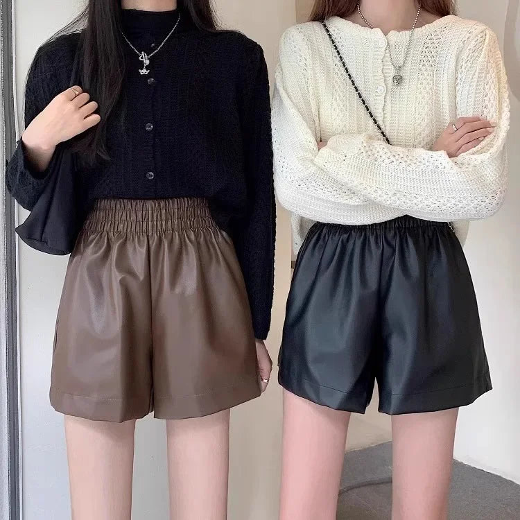 Luxe Collection PU Leather Shorts Women Autumn Winter High Waist Slimming A- crotch Loose Trousers Small Size Ladies Casual Style