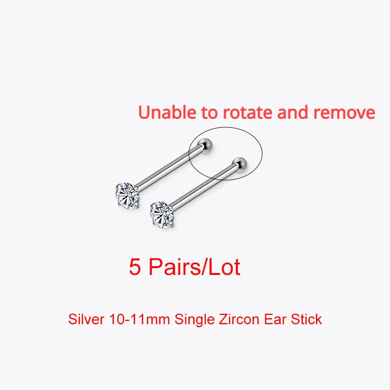 LUXE 5Pairs/Lot Real 925 Sterling Silver Single Zircon Ear Hole Bead Stud Earrings For Women Classic Minimalist Fine Jewelry