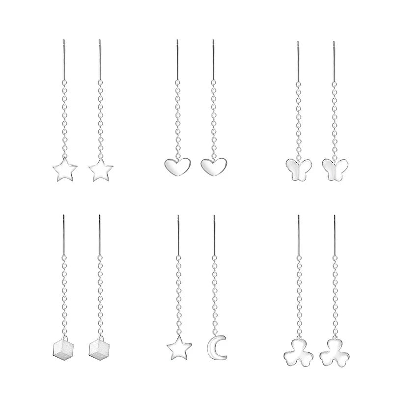 LUXE Real 925 Sterling Silver Moon Star Heart Square Clover Short Chain Tassel Stud Earrings For Women Classic Fine Jewelry