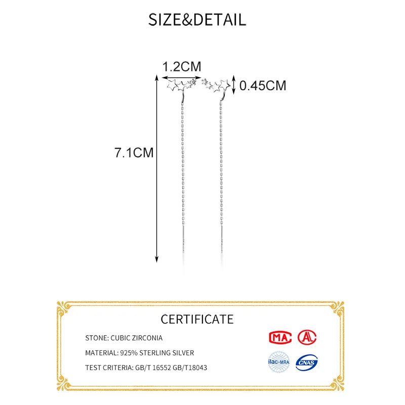 LUXE Real 925 Sterling Silver Zircon Star Tassel Drop Earrings For Fashion Women Party Fine Jewelry OL Accessories Gift