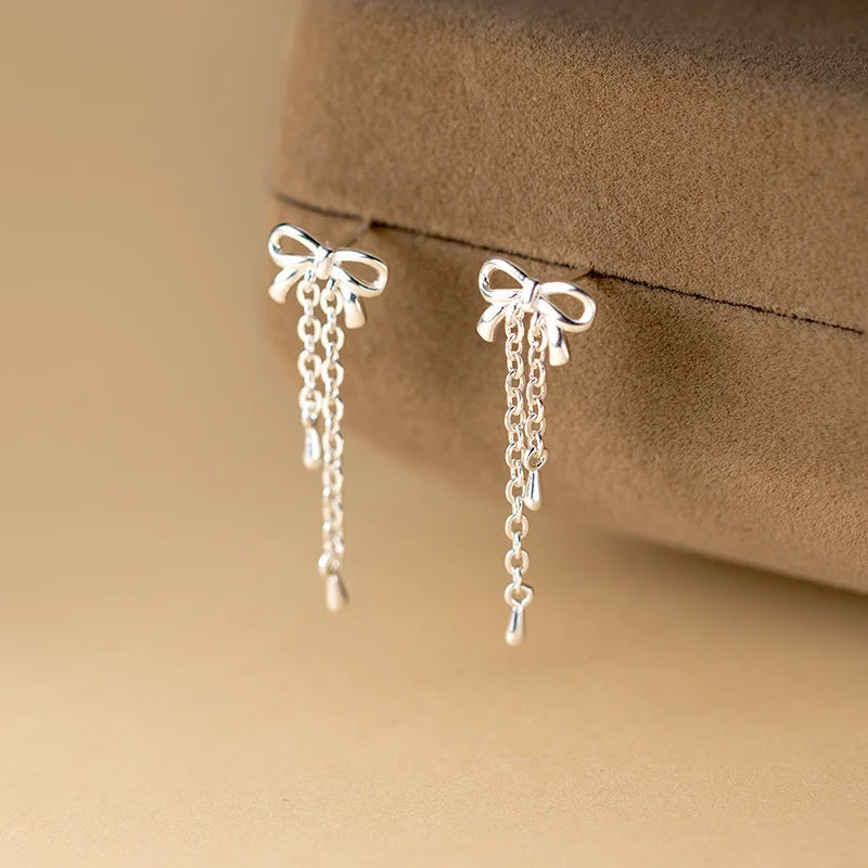 LUXE Real 925 Sterling Silver Bowknot Chain Tassel Stud Earrings for Women Trendy Fine Jewelry Exquisite Accessories
