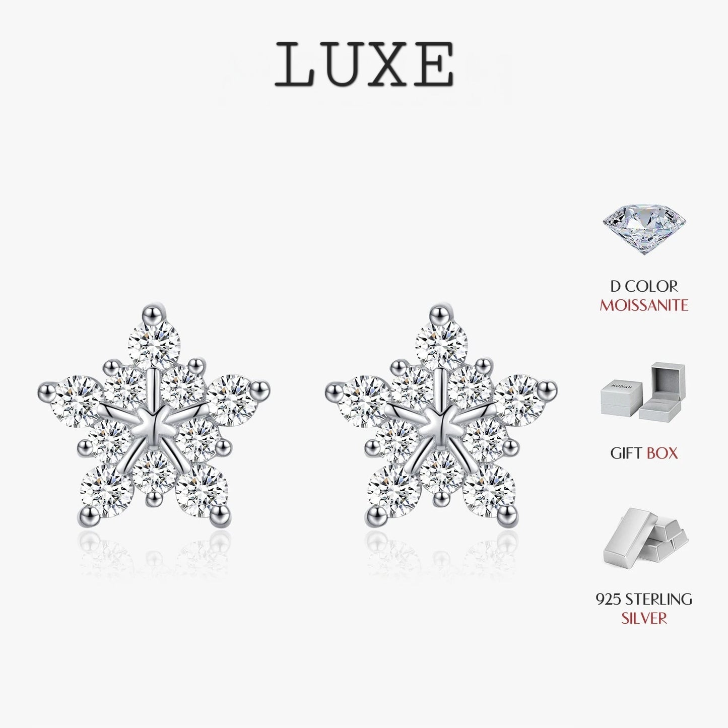 LUXE D Color Dazzling Moissanite Earrings 925 Sterling Silver Trendy Cute Snowflake Stud Earrings For Women Fine Jewelry