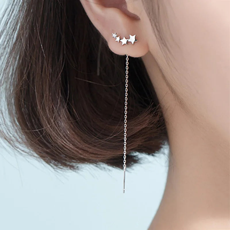 LUXE Real 925 Sterling Silver Zircon Star Tassel Drop Earrings For Fashion Women Party Fine Jewelry OL Accessories Gift