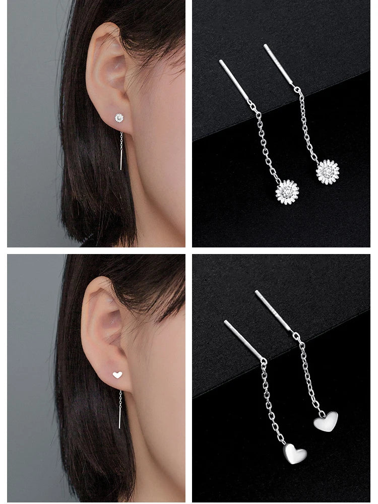 LUXE Real 925 Sterling Silver Moon Star Heart Square Clover Short Chain Tassel Stud Earrings For Women Classic Fine Jewelry