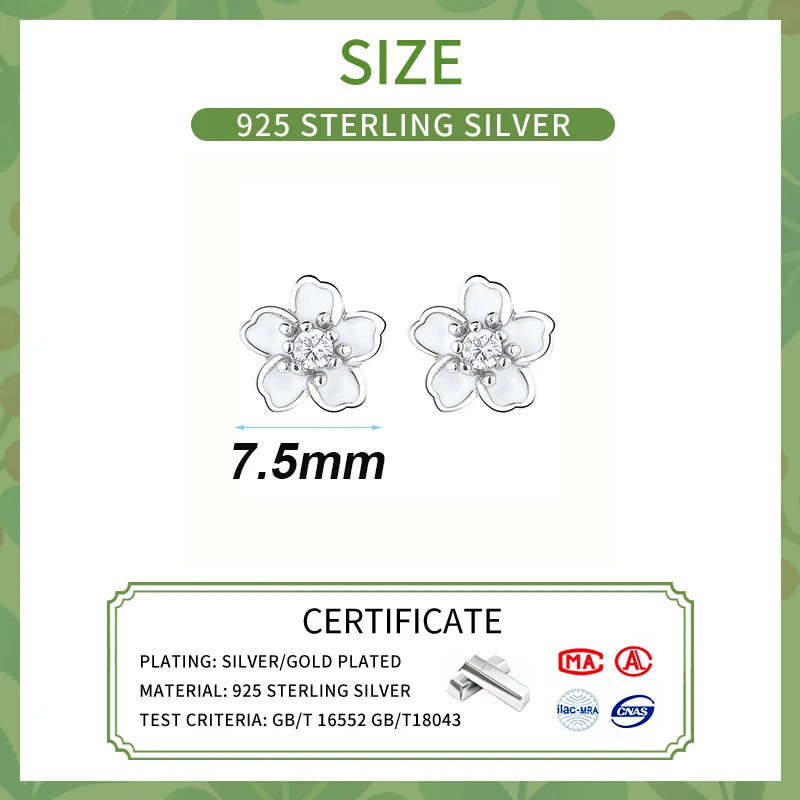 LUXE Real 925 Sterling Silver Enamel Zircon Flower Plant Stud Earrings For Women Cute Fine Jewelry Minimalist Accessories