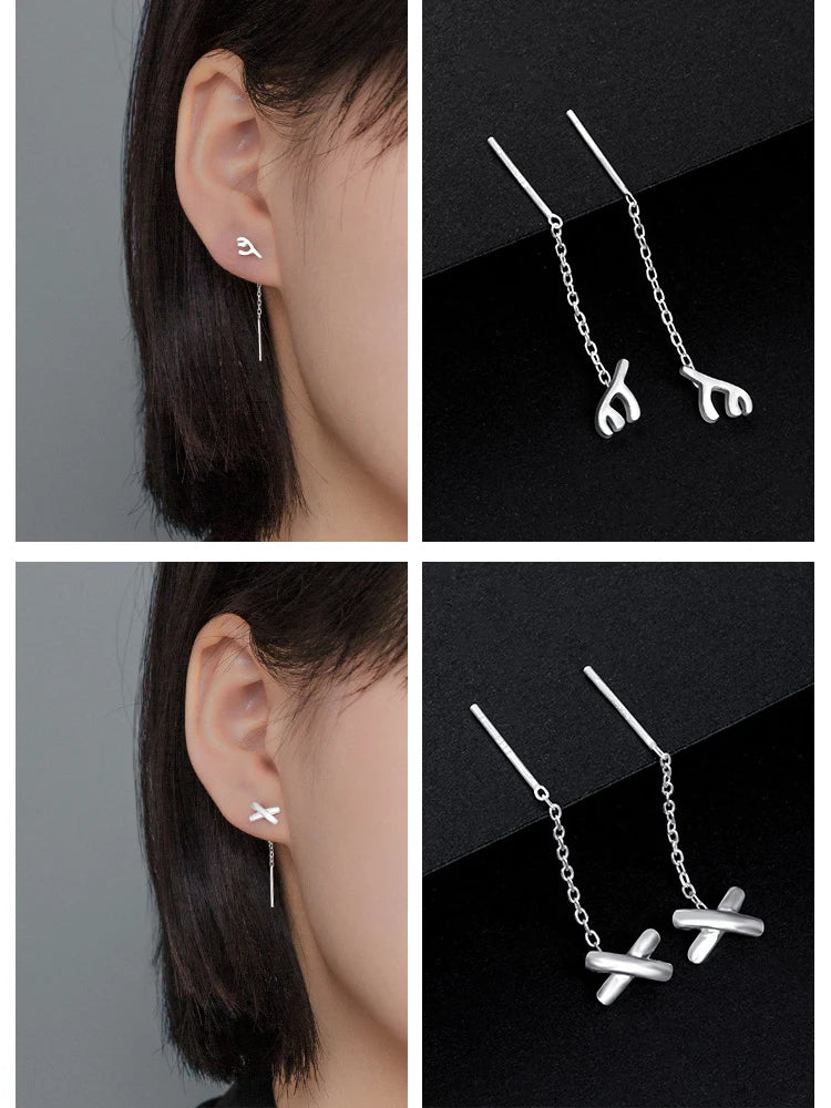 LUXE Real 925 Sterling Silver Moon Star Heart Square Clover Short Chain Tassel Stud Earrings For Women Classic Fine Jewelry