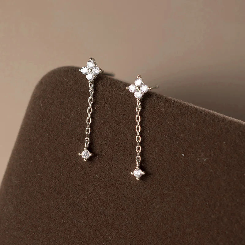 LUXE Real 925 Sterling Silver Zircon Short Chain Tassel Stud Earrings for Women OL Fine Jewelry Minimalist Accessories