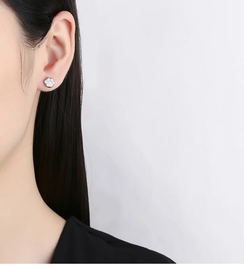 LUXE Real 925 Sterling Silver Pink Cat's Paw Piercing Screw Thread Bead Stud Earrings for Women Cute Animal Fine Jewelry