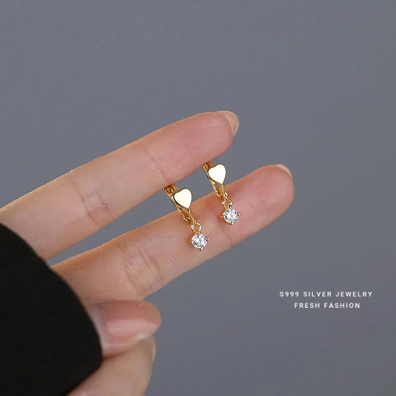 LUXE Real 925 Sterling Silver Zircon Pendant Heart 18K Gold Huggies Hoop Earrings For Women Classic Fine Jewelry Accessories