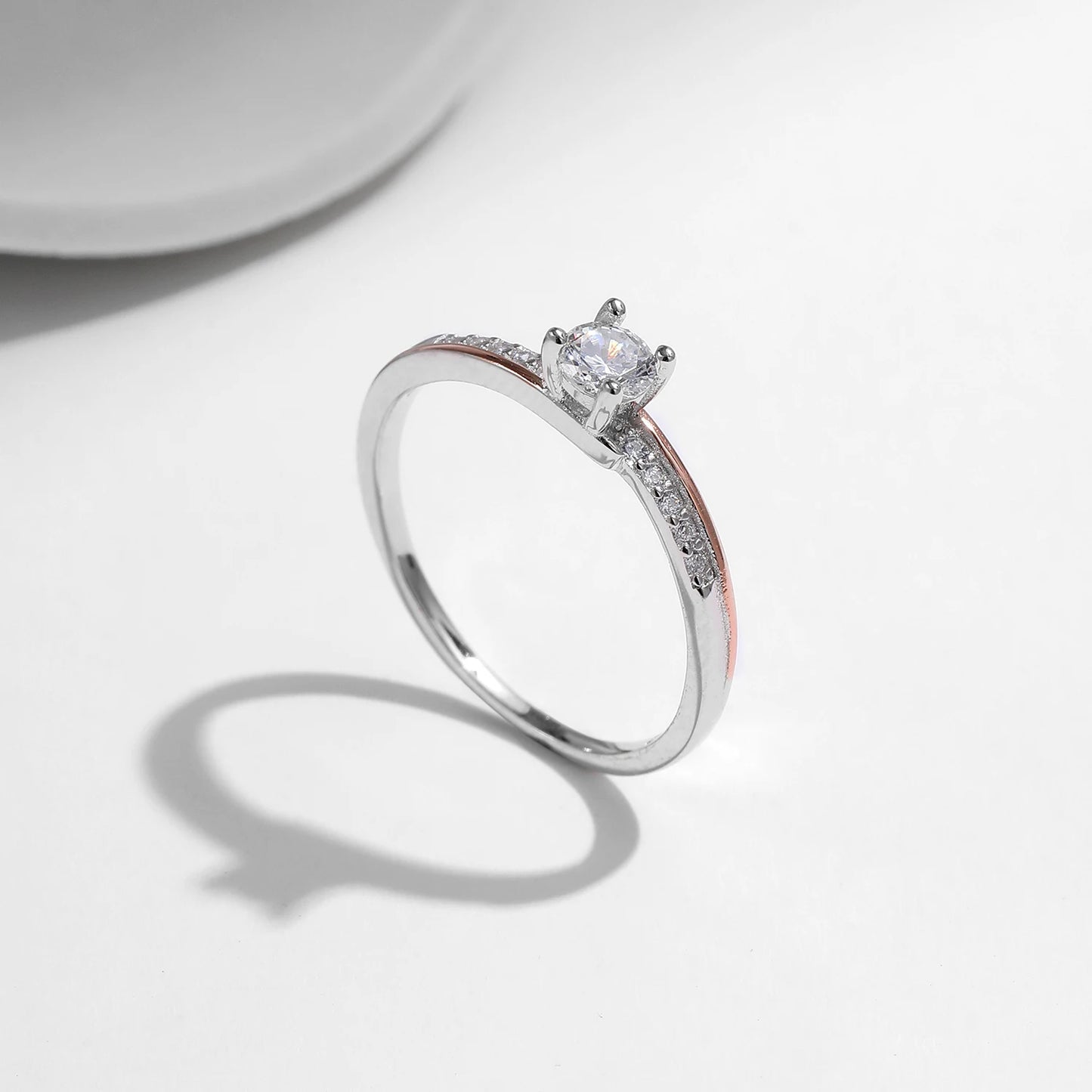 LUXE 925 Sterling Silver Classic Wedding Elegant Ring Rose Gold Color Line Unique Metallic Contrast Design Jewelry For Women