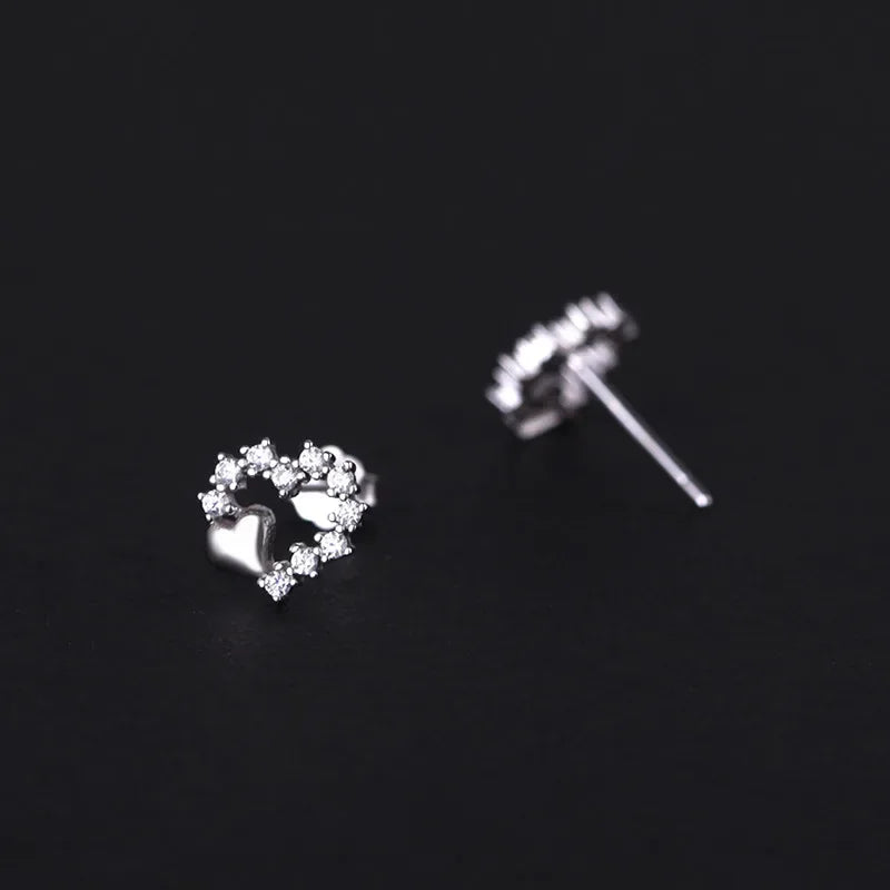 LUXE Real 925 Sterling Silver Zircon Hollow Heart 14K Gold Stud Earrings for Women Cute Fine Jewelry Light Luxury Accessories