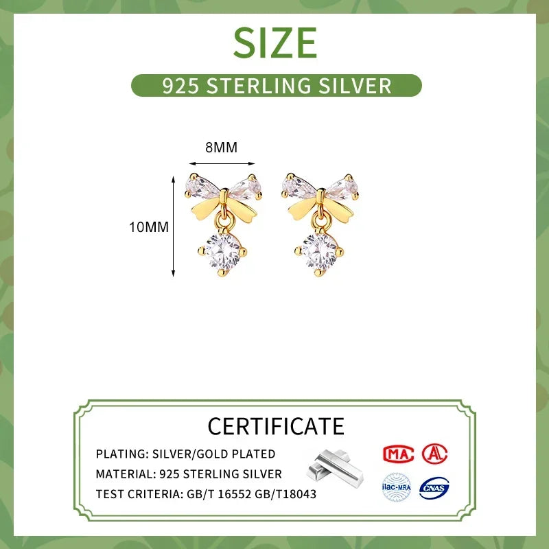 LUXE Real 925 Sterling Silver Zircon Bowknot Stud Earrings for Women Classic Geometric Fine Jewelry Minimalist Accessories