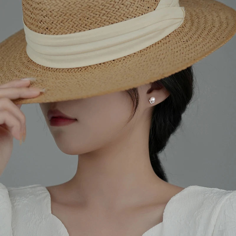 LUXE Real 925 Sterling Silver Zircon CZ Pearl Stud Earrings for Women Retro Romantic Luxury Minimalist Geometric Fine Jewelry