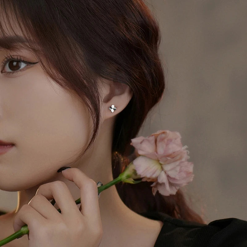 LUXE Real 999 Sterling Silver Flower Stud Earrings for Women Plant Fine Jewelry Light Luxury Ear Hole Minimalist Accessories