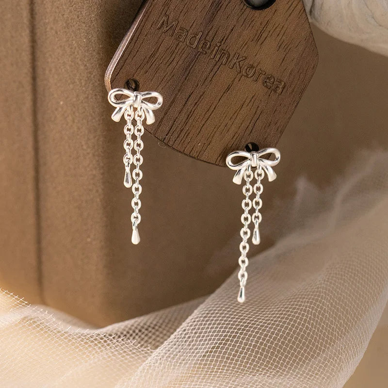 LUXE Real 925 Sterling Silver Bowknot Chain Tassel Stud Earrings for Women Trendy Fine Jewelry Exquisite Accessories