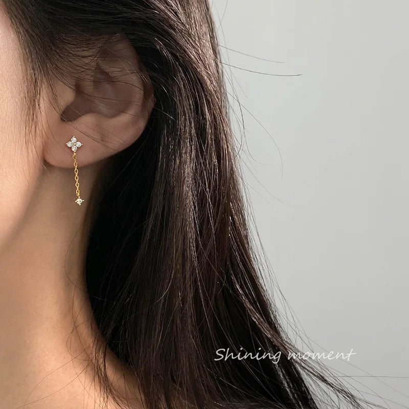 LUXE Real 925 Sterling Silver Zircon Short Chain Tassel Stud Earrings for Women OL Fine Jewelry Minimalist Accessories