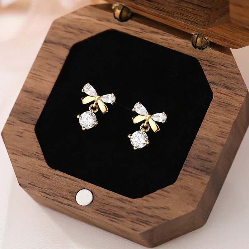 LUXE Real 925 Sterling Silver Zircon Bowknot Stud Earrings for Women Classic Geometric Fine Jewelry Minimalist Accessories