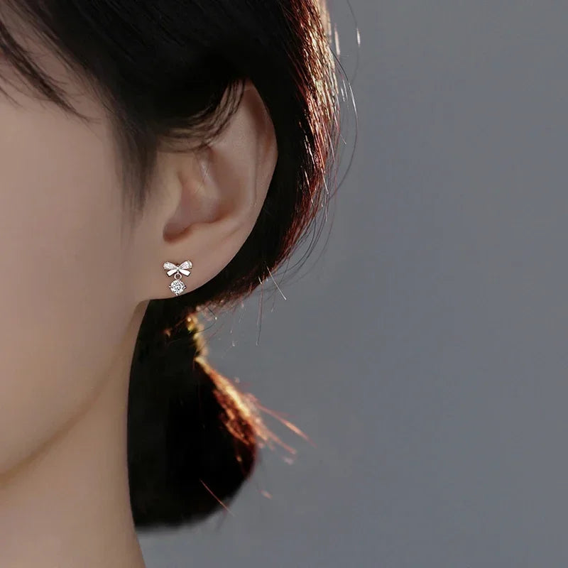 LUXE Real 925 Sterling Silver Zircon Bowknot Stud Earrings for Women Classic Geometric Fine Jewelry Minimalist Accessories