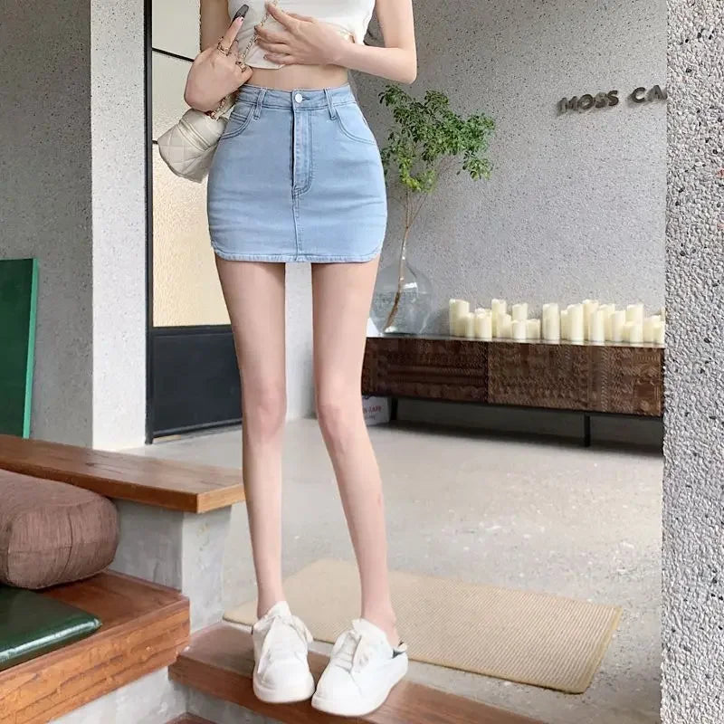 Luxe Collection White Denim Women's Mini Dress High-Waisted Slimming Design Sensible Niche Package Belly Half Skirt Summer Fashion