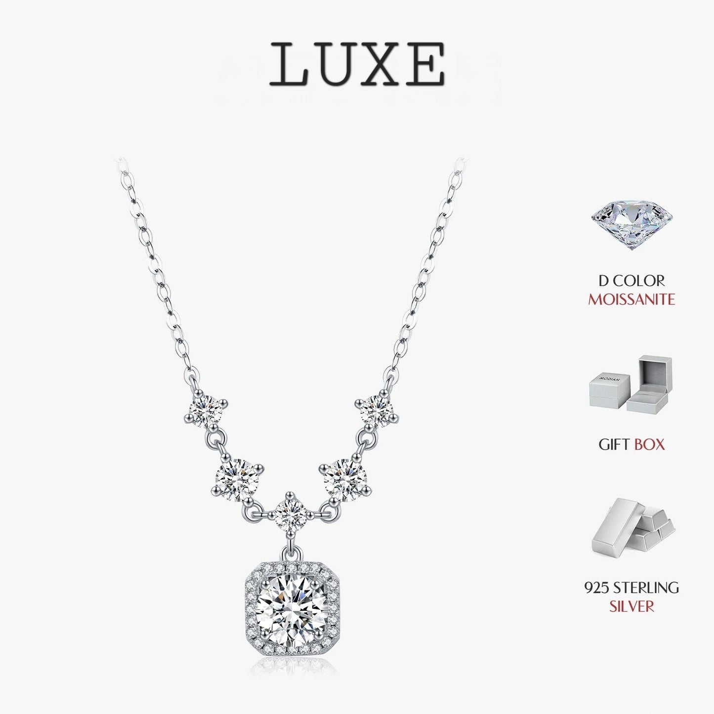 LUXE 1CT D Color Moissanite Necklace 925 Sterling Silver Luxury Halo Charm Pendant Necklace For Women Bridal Wedding Jewelry