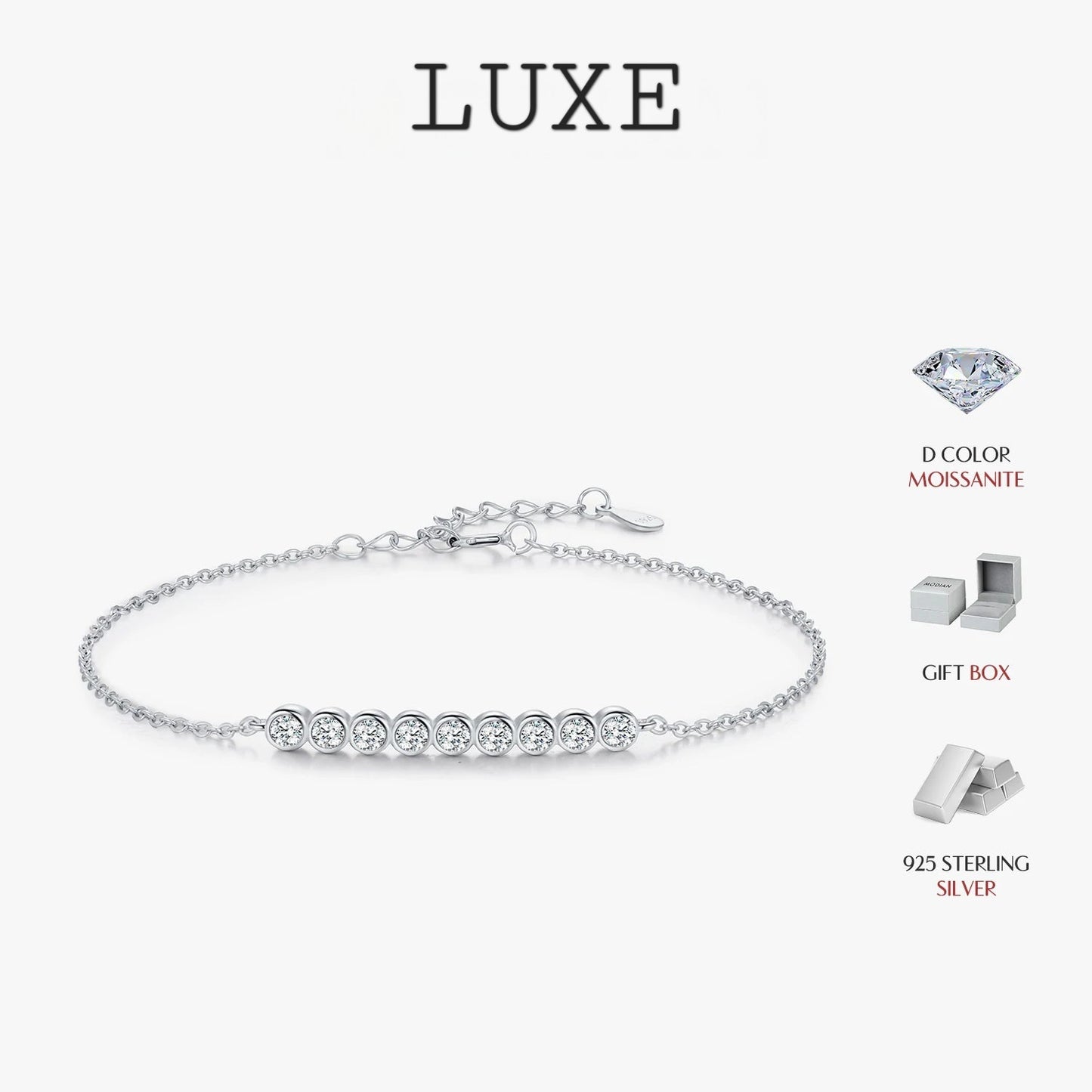 LUXE D Color Moissanite 925 Sterling Silver Simple Bracelet Round Lab Diamond Chain Link Jewelry For Women Luxury Wedding Gift