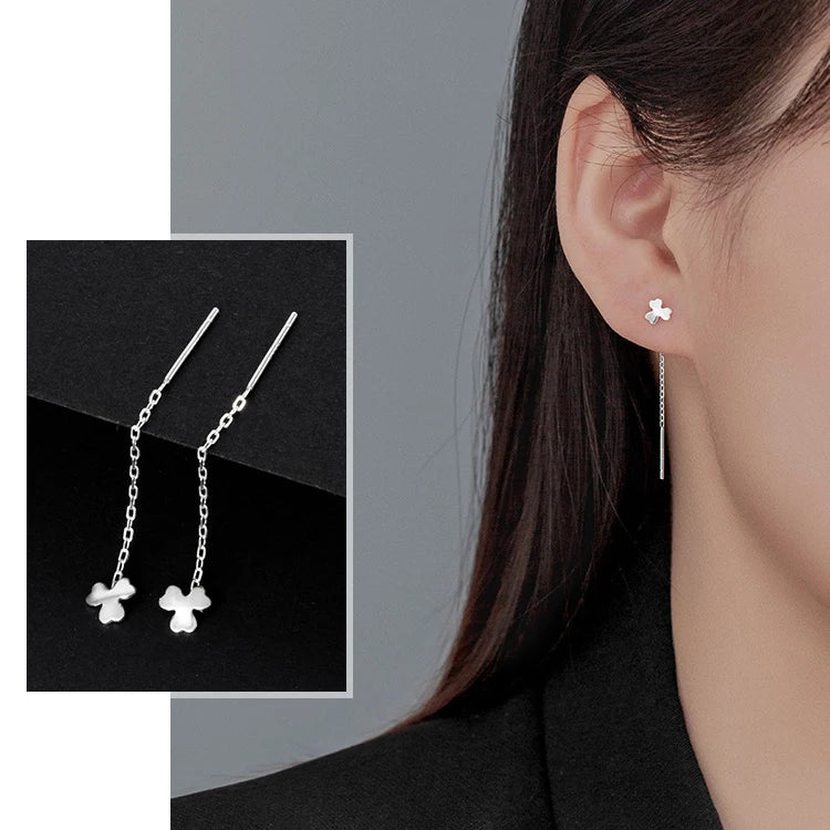 LUXE Real 925 Sterling Silver Moon Star Heart Square Clover Short Chain Tassel Stud Earrings For Women Classic Fine Jewelry