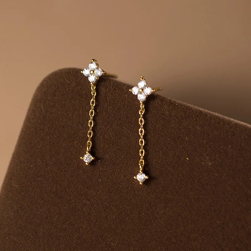 LUXE Real 925 Sterling Silver Zircon Short Chain Tassel Stud Earrings for Women OL Fine Jewelry Minimalist Accessories