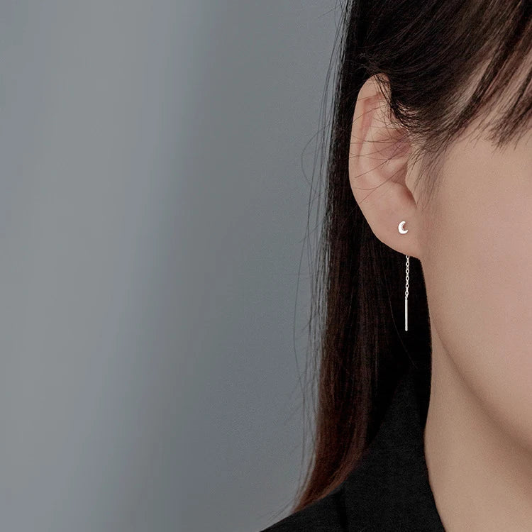 LUXE Real 925 Sterling Silver Moon Star Heart Square Clover Short Chain Tassel Stud Earrings For Women Classic Fine Jewelry