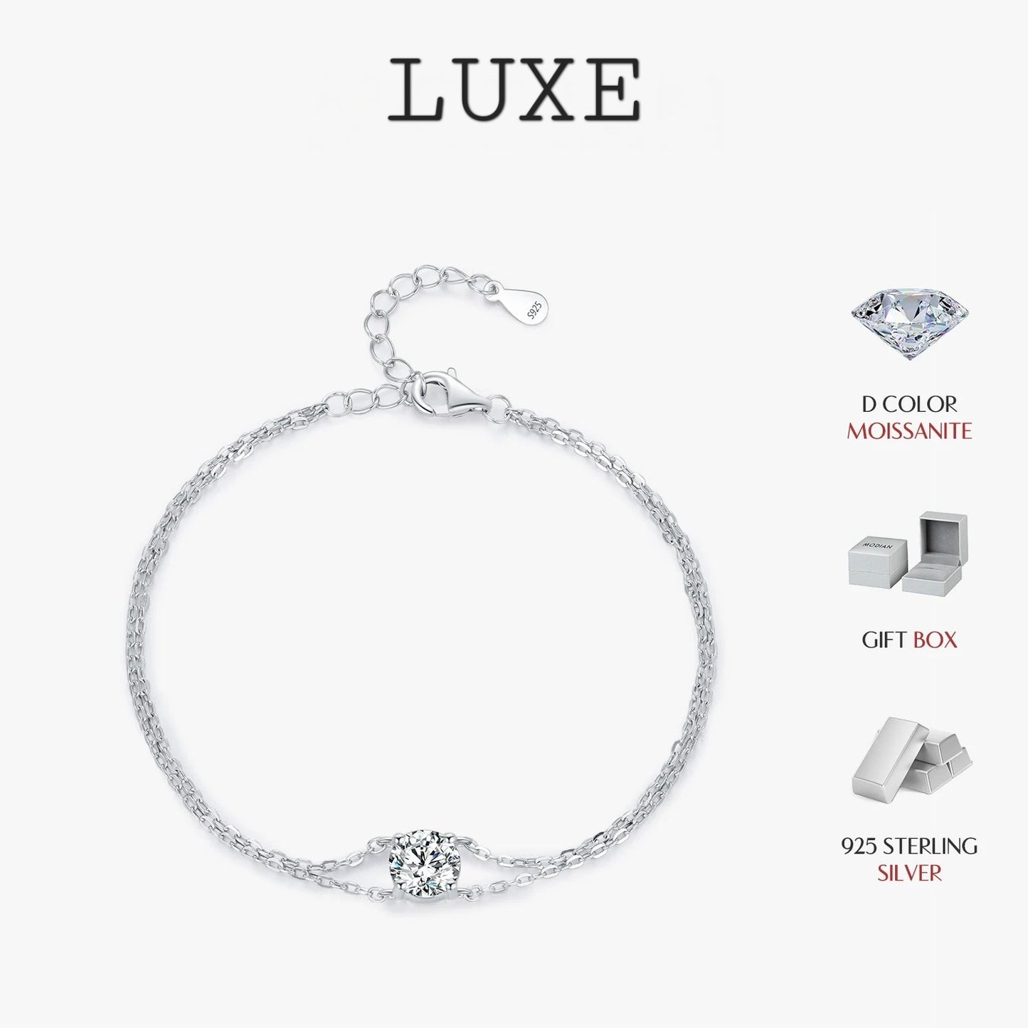 LUXE 1CT D Color Moissanite Bracelet 925 Sterling Silver Delicate Double Layer Bracelets For Bridal Wedding Fine Jewelry Gifts