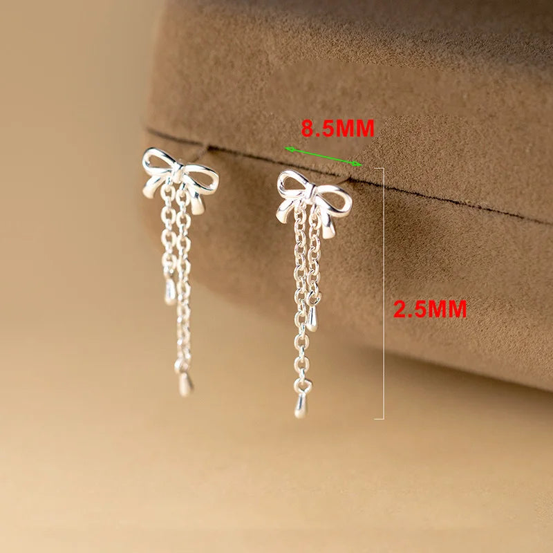 LUXE Real 925 Sterling Silver Bowknot Chain Tassel Stud Earrings for Women Trendy Fine Jewelry Exquisite Accessories
