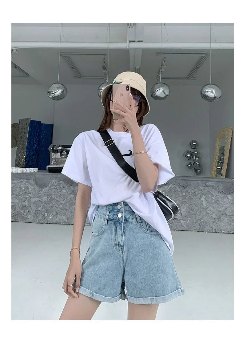 Luxe Collection Ultra-High-Waisted Slimming Denim Shorts For Women 2025 New Light Colour Loose Fit A- Line Curved Edge Casual Trendy Pants