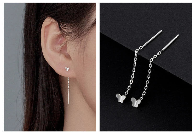 LUXE Real 925 Sterling Silver Moon Star Heart Square Clover Short Chain Tassel Stud Earrings For Women Classic Fine Jewelry