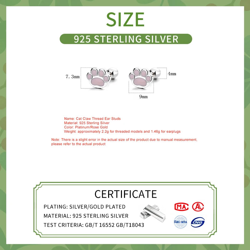 LUXE Real 925 Sterling Silver Pink Cat's Paw Piercing Screw Thread Bead Stud Earrings for Women Cute Animal Fine Jewelry