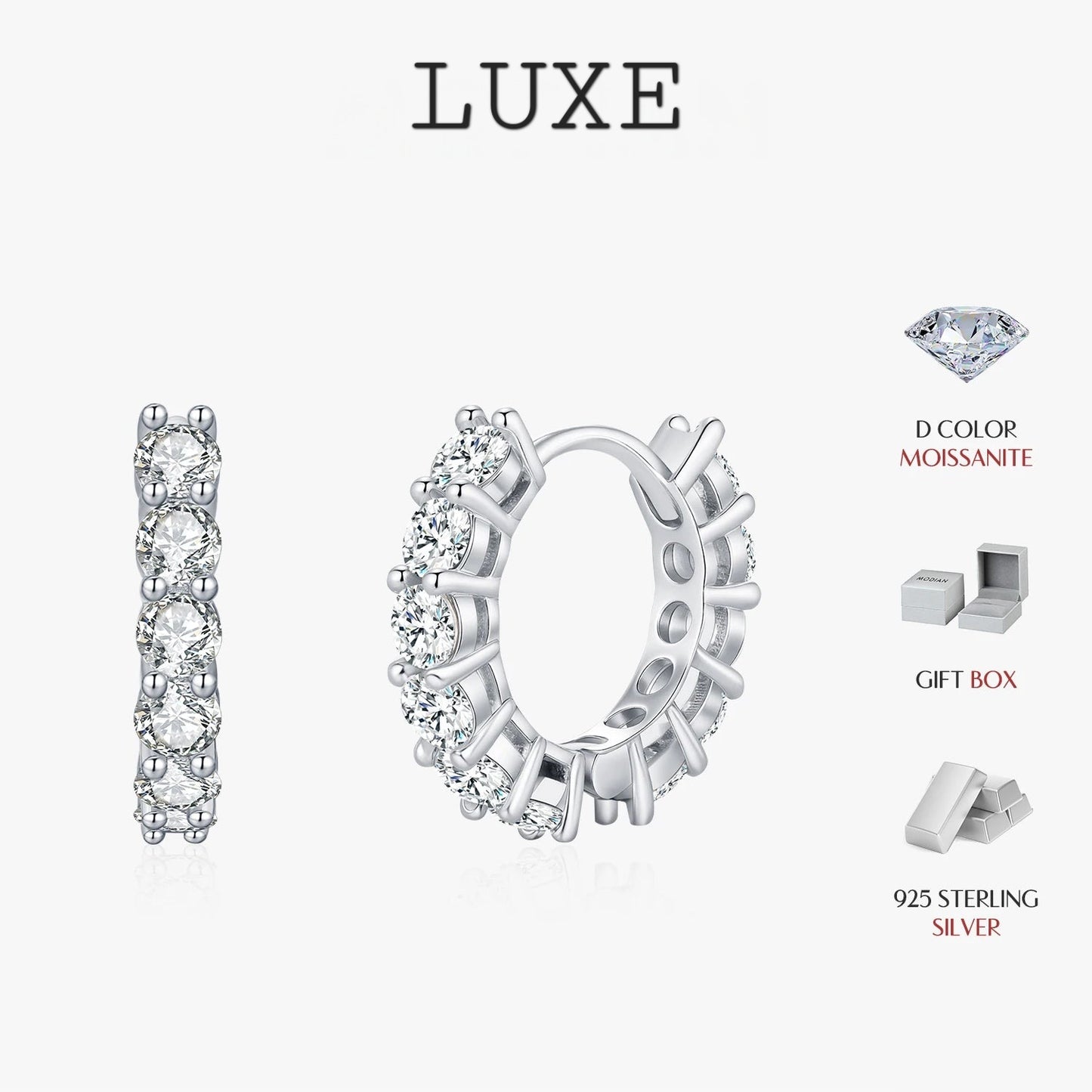 LUXE D Color Sparkling Moissanite Ear Buckles Lab Diamond 925 Sterling Silver Luxury Hoop Earrings for Women Jewelry Gifts