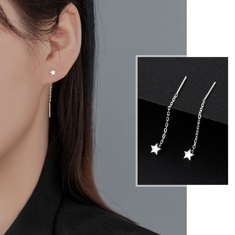 LUXE Real 925 Sterling Silver Moon Star Heart Square Clover Short Chain Tassel Stud Earrings For Women Classic Fine Jewelry