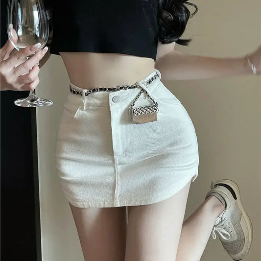 Luxe Collection White Denim Women's Mini Dress High-Waisted Slimming Design Sensible Niche Package Belly Half Skirt Summer Fashion