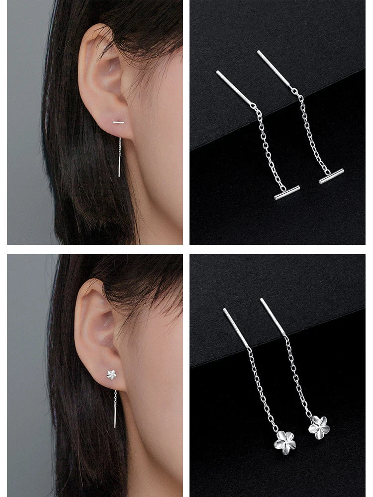 LUXE Real 925 Sterling Silver Moon Star Heart Square Clover Short Chain Tassel Stud Earrings For Women Classic Fine Jewelry