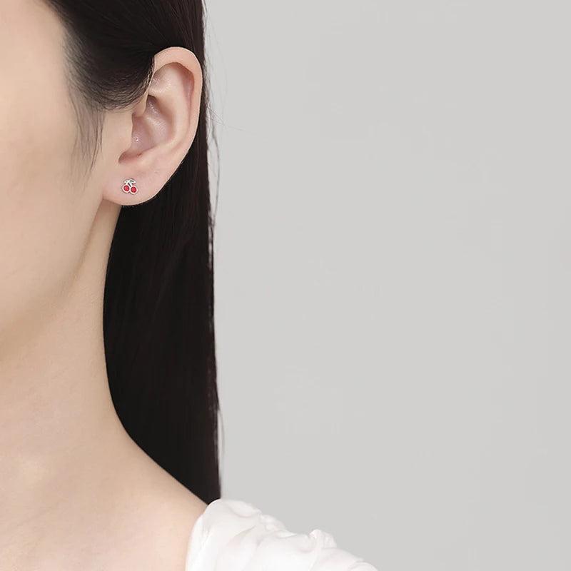 LUXE Real 925 Sterling Silver Fruit Cherry Bead Screw Stud Earrings For Women Cute Fine Jewelry Minimalist Accessories Gift