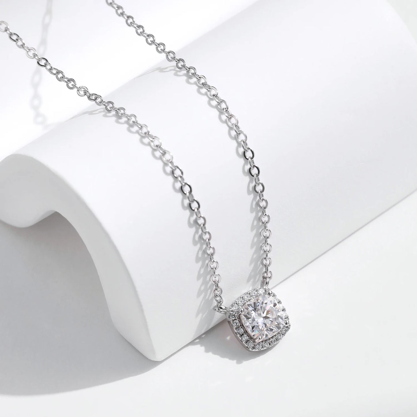 LUXE 1 Carat Square Cushion Cut Halo Moissanite Pendant Necklace For Women 925 Sterling Silver Dazzling Wedding Bridal Jewelry