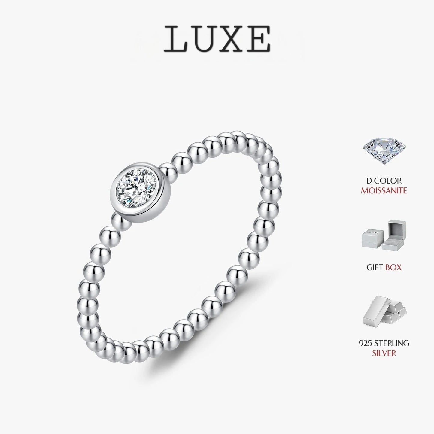LUXE Bezel Setting Moissanite Ring 925 Sterling Silver Beads Trendy Stackable Finger Rings For Women Lab Diamond Jewelry