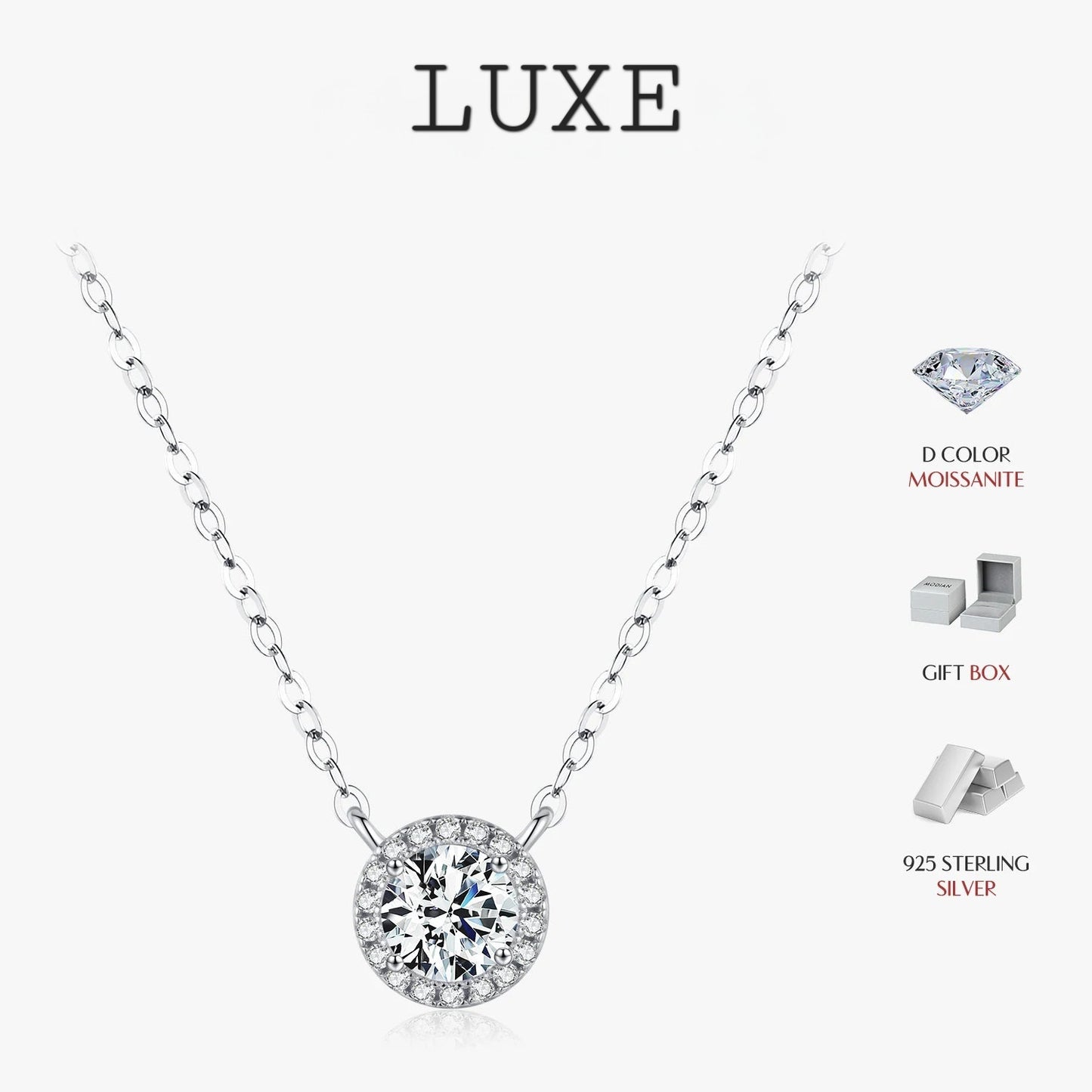 LUXE 0.8 Carat D Color Classic Halo Moissanite Pendant Necklace 925 Sterling Silver Lab Diamond Wedding Jewelry For Women