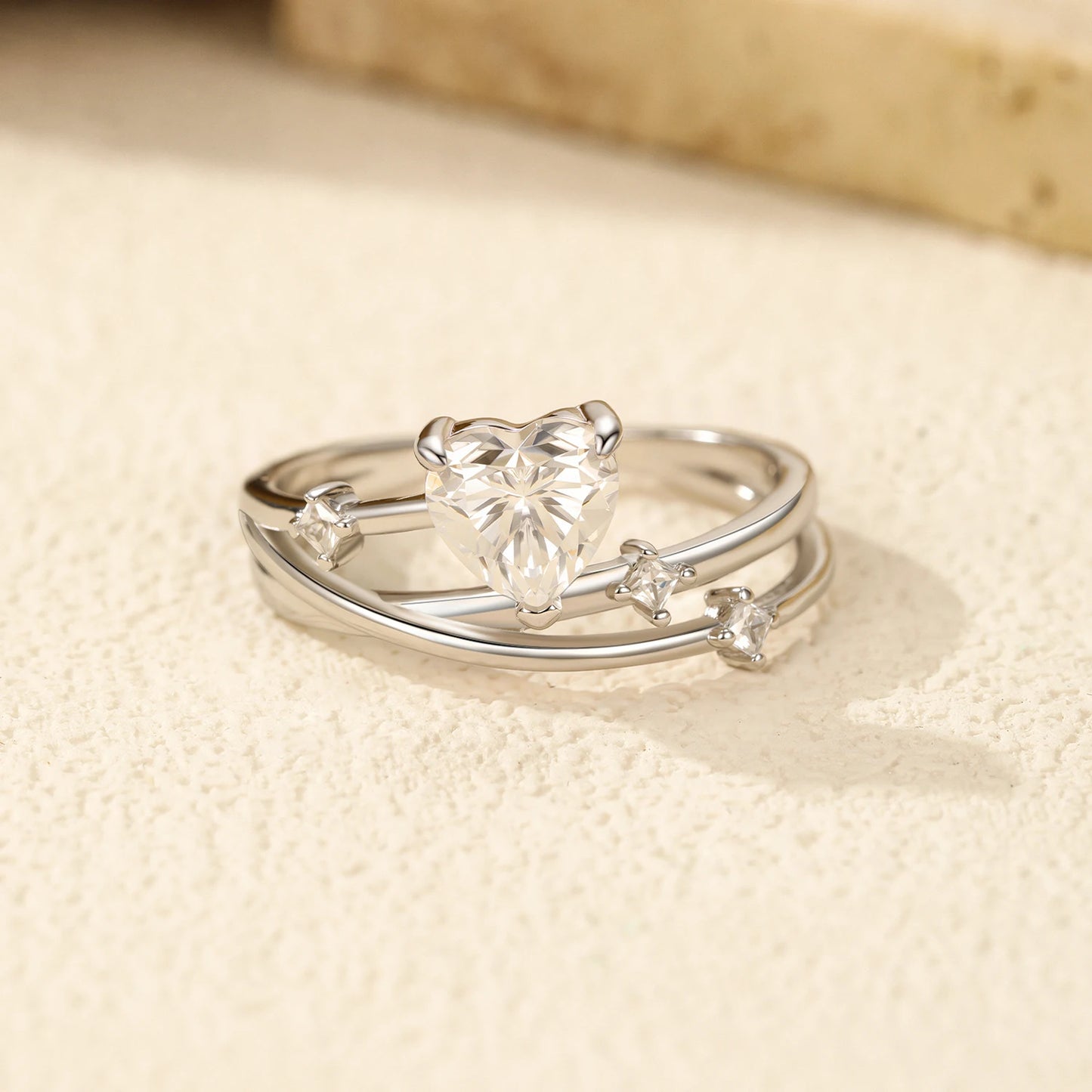 LUXE 0.8CT D Color Heart Moissanite 925 Sterling Silver Line Multi-layer Rings For Women Romantic Wedding Fine Jewelry Gifts