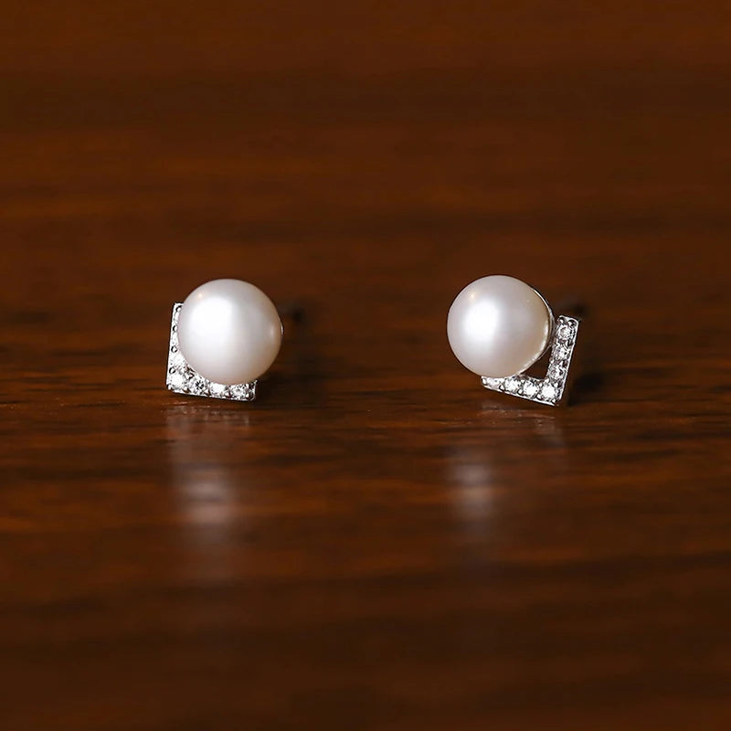 LUXE Real 925 Sterling Silver Zircon CZ Pearl Stud Earrings for Women Retro Romantic Luxury Minimalist Geometric Fine Jewelry