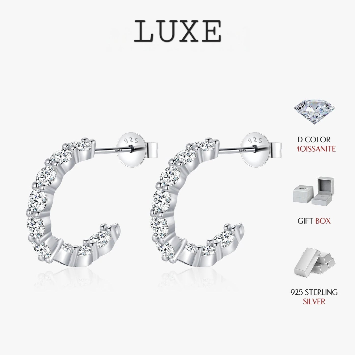 LUXE D Color C Shape Moissanite Earrings 925 Sterling Silver Charming Dazzling Hoop Earrings For Women Wedding Fine Jewelry