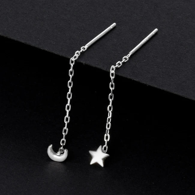 LUXE Real 925 Sterling Silver Moon Star Heart Square Clover Short Chain Tassel Stud Earrings For Women Classic Fine Jewelry