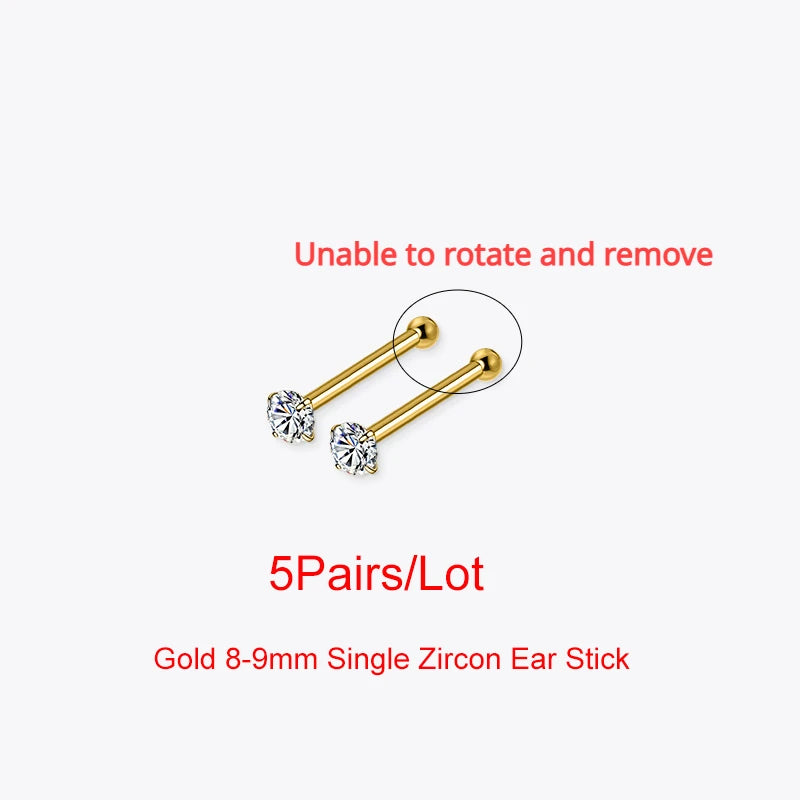 LUXE 5Pairs/Lot Real 925 Sterling Silver Single Zircon Ear Hole Bead Stud Earrings For Women Classic Minimalist Fine Jewelry